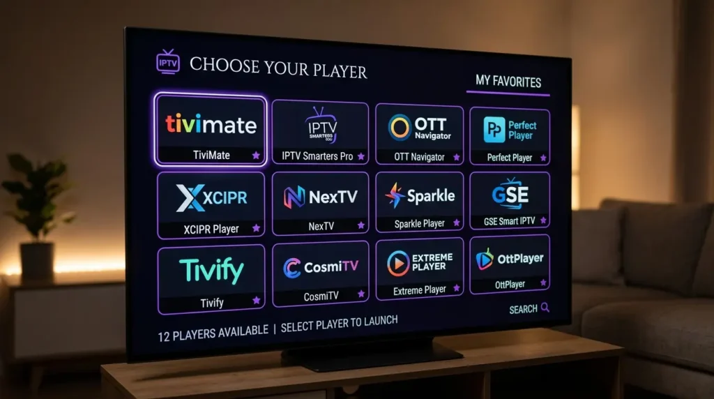 Übersicht verschiedener Player-Logos für die Auswahl der besten IPTV App für Fire Stick.