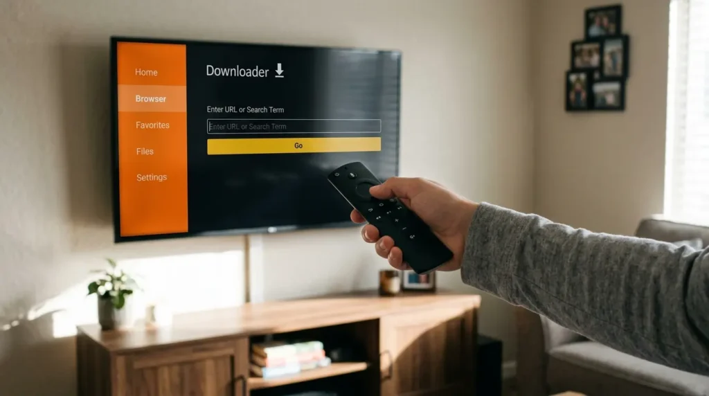 Hand mit Fernbedienung bei der Installation einer IPTV App für Fire Stick via Downloader.