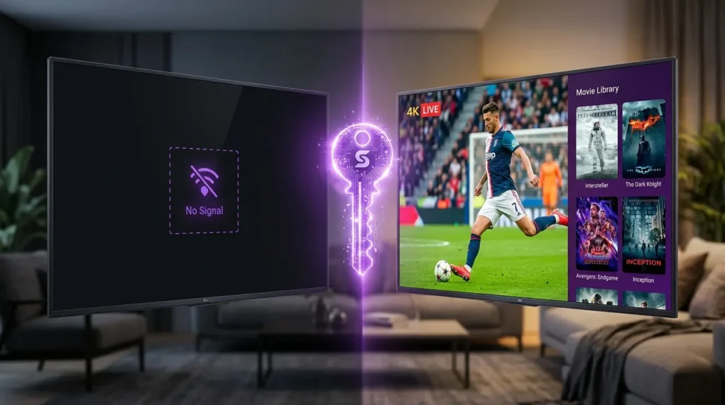 Vergleich zwischen leerem Player und freigeschaltetem Content in einer IPTV App für Fire Stick.