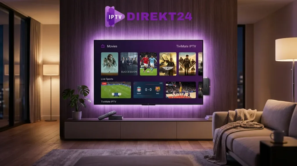 Moderne IPTV App für Fire Stick Benutzeroberfläche auf einem 4K-Fernseher mit lila Ambilight in einem stilvollen Wohnzimmer.