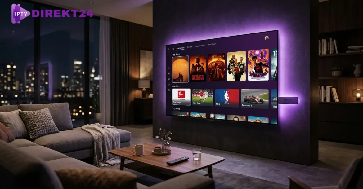 Premium-Interface einer IPTV App für Fire Stick auf einem 4K-Fernseher in modernem Wohnzimmer.