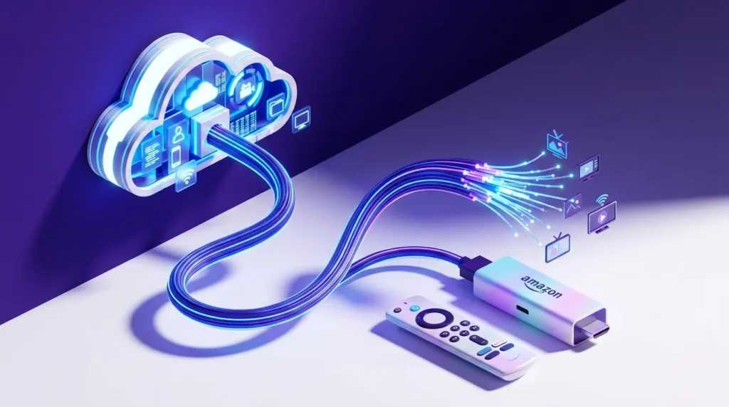 Konzept-Illustration zur Funktionsweise einer IPTV App für Fire Stick: Verbindung zwischen Cloud und Hardware.