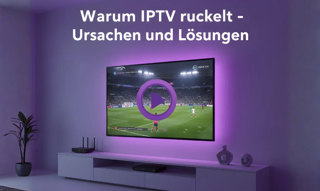 Ein Fernseher in einem lila beleuchteten Raum zeigt ein Fußballspiel mit einem Lade-Symbol (Buffer). Text im Bild: "Warum IPTV ruckelt – Ursachen und Lösungen".