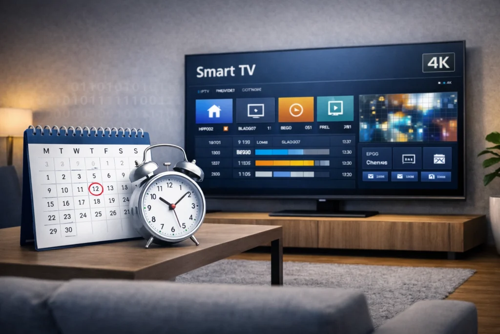 Bester Zeitpunkt für IPTV Anbieterwechsel – Kalender und Uhr neben Smart TV