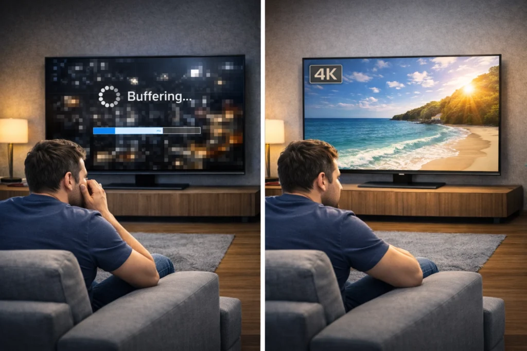 IPTV Probleme vs. Lösung – Buffering und schlechte Qualität im Vergleich zu 4K Stream