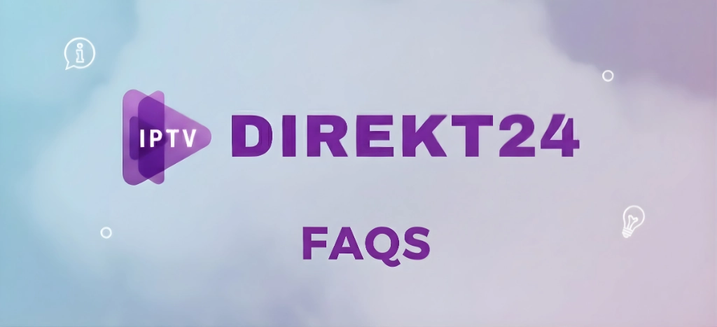 Logo von IPTV Direkt24 auf einem lila-blauen Wolkenhintergrund mit dem zentrierten Schriftzug „FAQs“.
