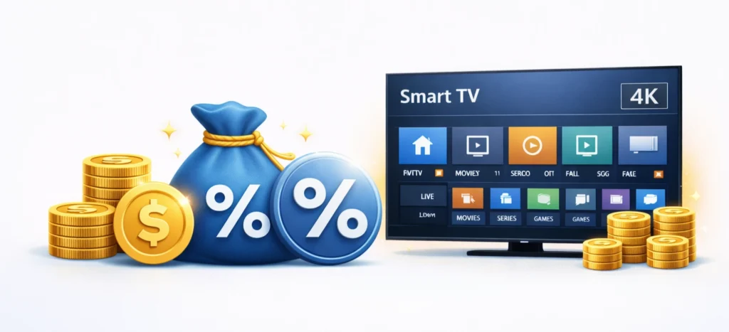 IPTV Kosten sparen – Geldsymbole und Prozentzeichen beim Anbieterwechsel IPTV Anbieter wechseln 2026