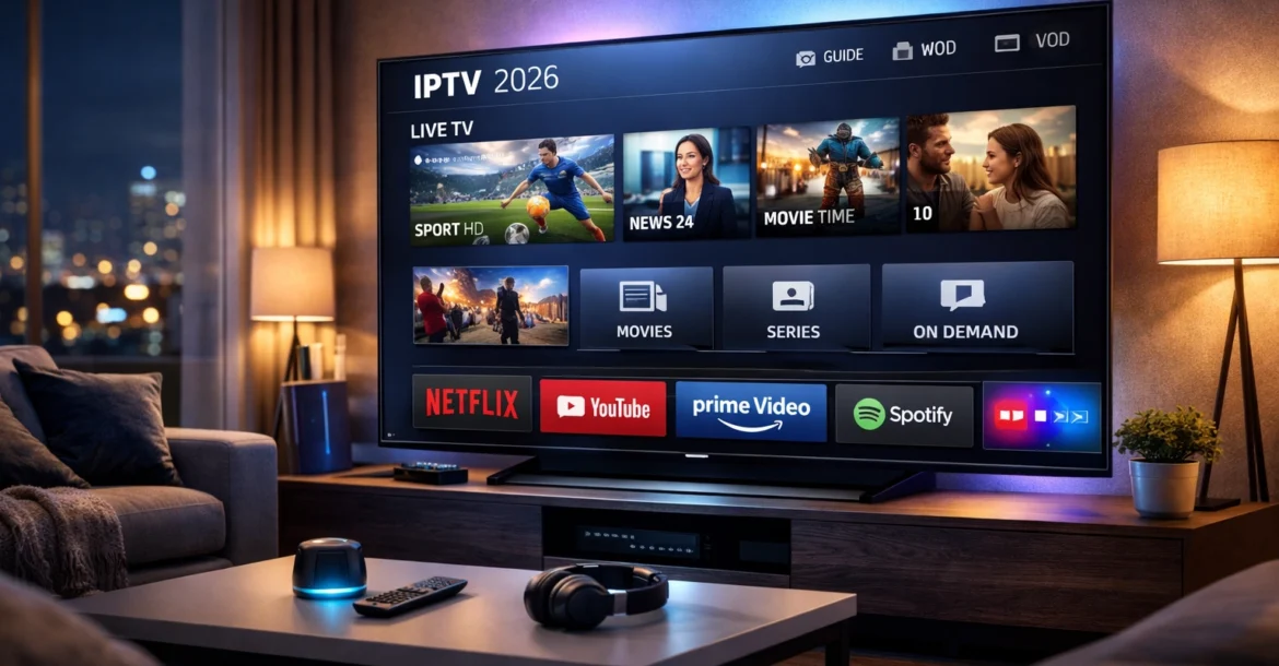 IPTV optimal nutzen in 2026 auf einem modernen Smart TV mit Internet TV und Streaming Apps im Wohnzimmer