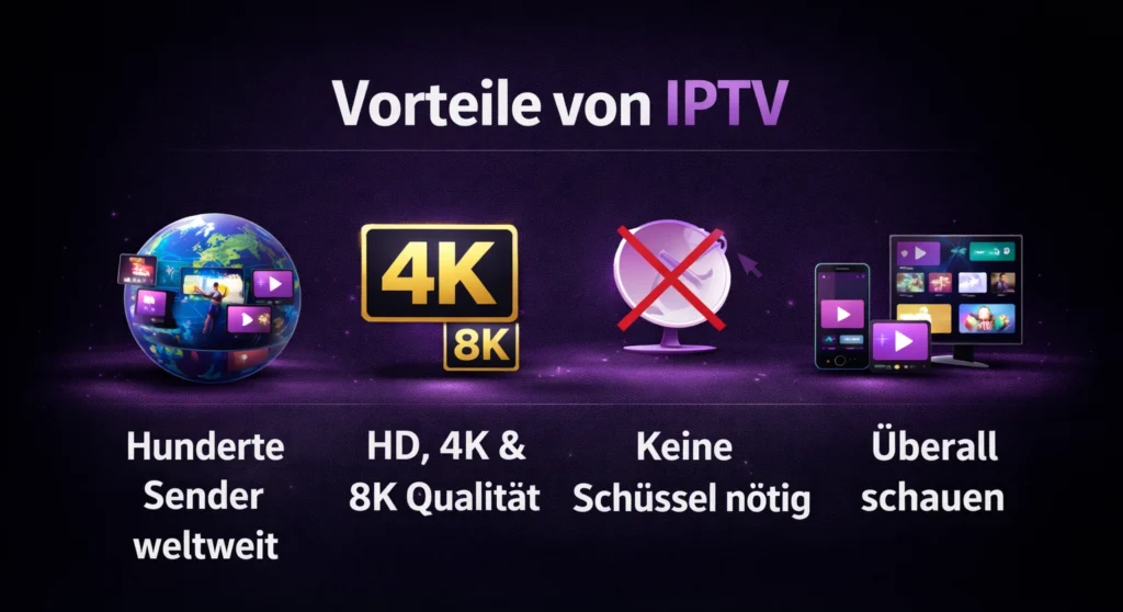 Vorteile von IPTV: viele Sender, HD und 4K, keine Satellitenschüssel, überall schauen