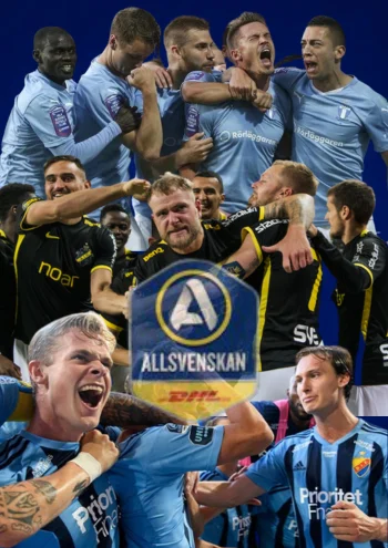 Eine Collage von Spielern der schwedischen Allsvenskan in hellblauen und schwarzen Trikots, die um das Ligalogo jubeln.