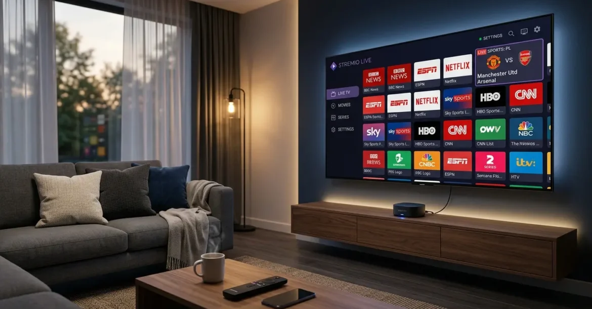 Android IPTV Box verbunden mit einem 4K Smart TV im modernen Wohnzimmer mit Live-TV Streaming