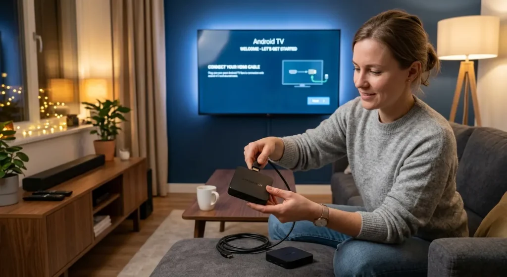 Android IPTV Box wird per HDMI an Fernseher angeschlossen
