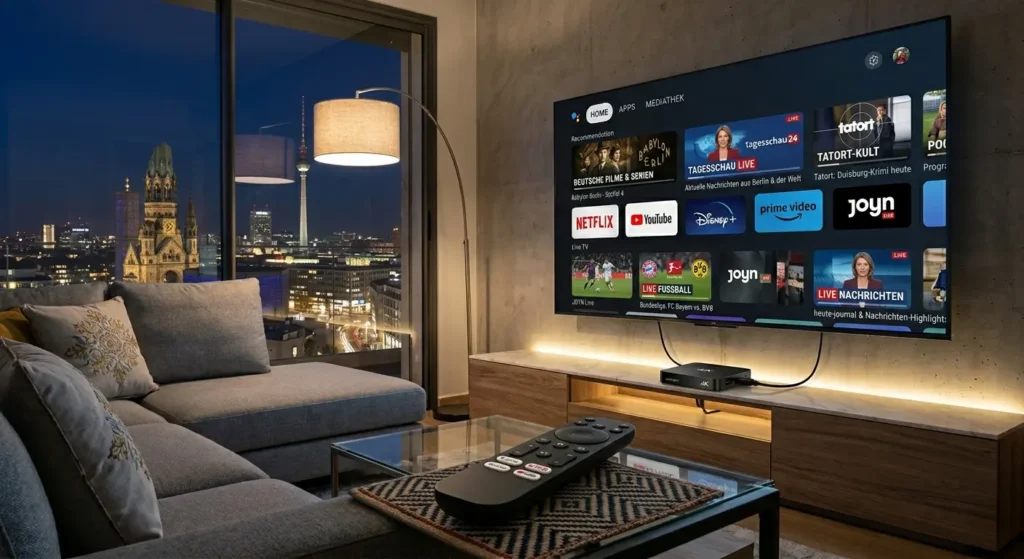 Android IPTV Box mit Fernbedienung und TV Streaming Oberfläche