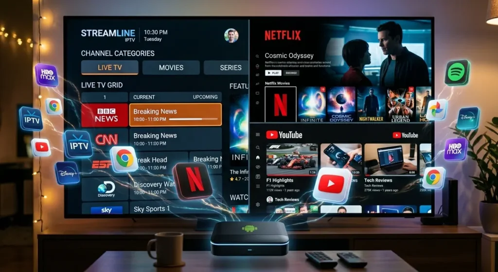 Box IPTV Android mit mehreren Streaming Apps wie Filme, Serien und Live-TV