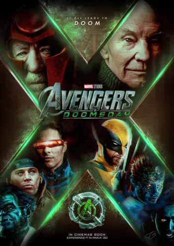 Ein von Fans erstelltes Poster für „Avengers: Doomsday“ mit einer Collage aus X-Men-Charakteren wie Wolverine, Cyclops und Professor X in einem X-förmigen Layout.
