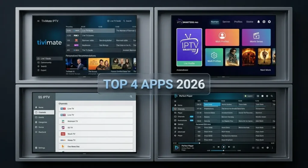 Eine elegante Infografik im 2x2-Raster-Format, die vier High-End-Monitore zeigt. Jeder Monitor präsentiert eine unverwechselbare Benutzeroberfläche der Top-IPTV-Apps für 2026: TiviMate, IPTV Smarters Pro, SS IPTV und Perfect Player, zentriert mit dem Titel "TOP 4 APPS 2026".