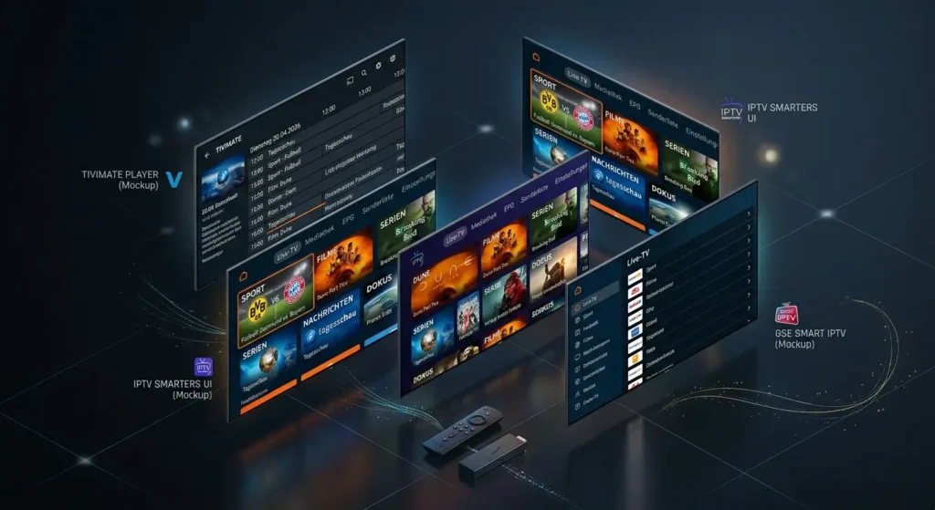 Übersicht verschiedener IPTV-Player-Oberflächen wie TiviMate und IPTV Smarters Pro für Amazon Fire TV.