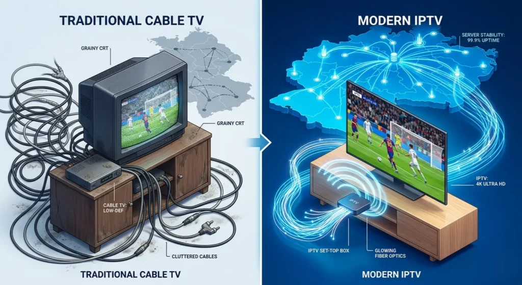 Eine konzeptionelle 3D-isometrische Illustration vergleicht "Traditionelles Kabel-TV" (Kabelsalat, alte Box, körniger Bildschirm) mit "Modernem IPTV" (sauberes Wireless-Signal, glühende Glasfaserleitungen, kristallklarer 4K-Bildschirm). Im Hintergrund eine Karte von Deutschland mit glühenden Datenknoten. Der Text "Beste IPTV Anbieter Deutschland" ist subtil in das Gesamtlayout integriert.