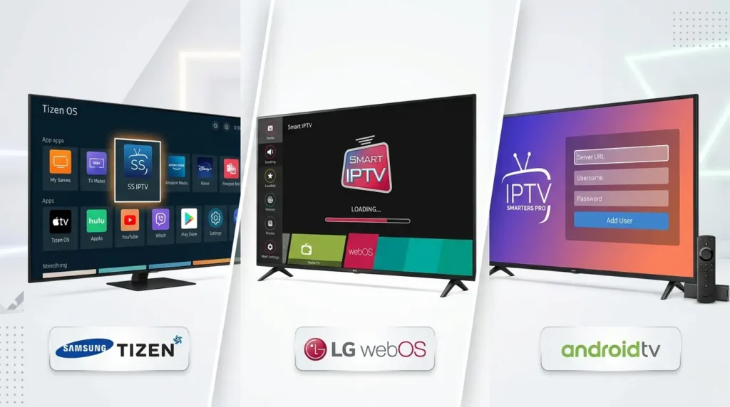 Infografik mit drei Fernsehern nebeneinander, die SS IPTV auf Samsung Tizen, Smart IPTV auf LG webOS und IPTV Smarters auf Fire TV zeigen.