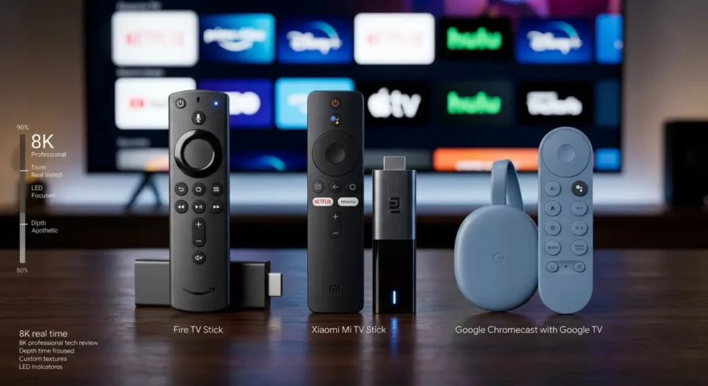 Drei gängige IPTV Sticks (Fire TV, Xiaomi und Chromecast) ordentlich auf einem dunklen Holztisch arrangiert.