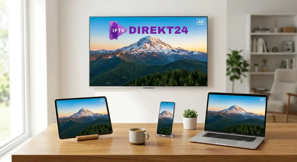 Ein Lifestyle-Setup mehrerer synchronisierter Geräte auf einem Holzschreibtisch: Ein Smart-TV, ein iPad, ein Android-Smartphone und ein Laptop zeigen gleichzeitig denselben hochauflösenden TV-Stream. Minimalistische Fotografie im Apple-Stil, helles Tageslicht. Der Text "Bester IPTV Anbieter Deutschland" ist subtil in die Bildkomposition integriert.
