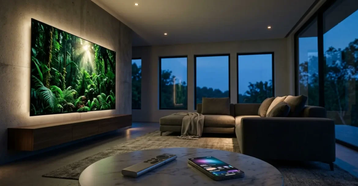 Ein modernes, minimalistisches Wohnzimmer mit einem 85-Zoll OLED-TV, der eine Naturdokumentation in gestochen scharfer IPTV 4k Qualität zeigt.