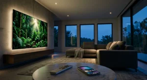 Ein modernes, minimalistisches Wohnzimmer mit einem 85-Zoll OLED-TV, der eine Naturdokumentation in gestochen scharfer IPTV 4k Qualität zeigt.