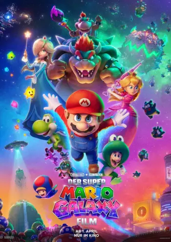 Ein farbenfrohes, kosmisches Poster mit Mario, Prinzessin Peach, Bowser, Rosalina und Yoshi vor einem sternenreichen Weltraumhintergrund.