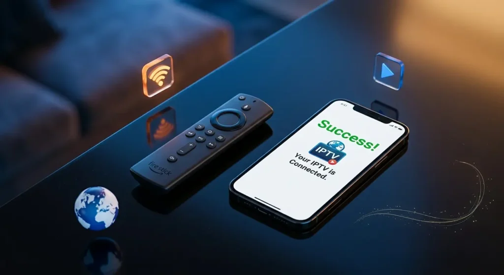 Nahaufnahme eines Fire TV Sticks und eines Smartphones mit einer Erfolgsmeldung für die IPTV-Installation.