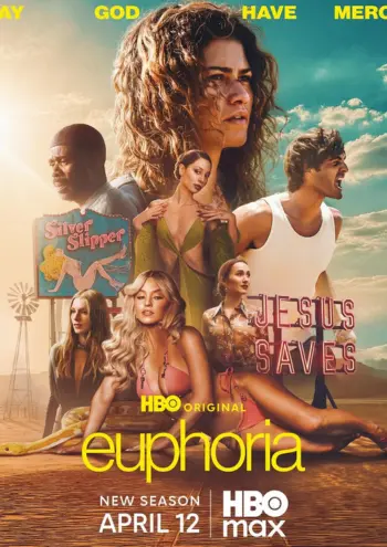 Ein sonnendurchflutetes Poster im Wüsten-Stil für „Euphoria“ mit Rue, Cassie, Maddy und weiteren Darstellern.