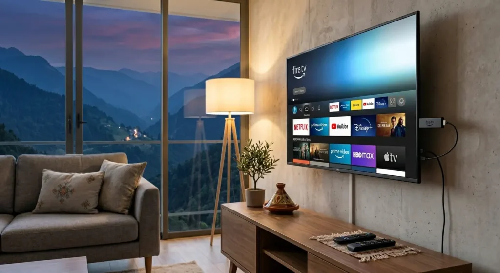 Amazon Fire TV Stick verbunden mit Fernseher für IPTV Streaming