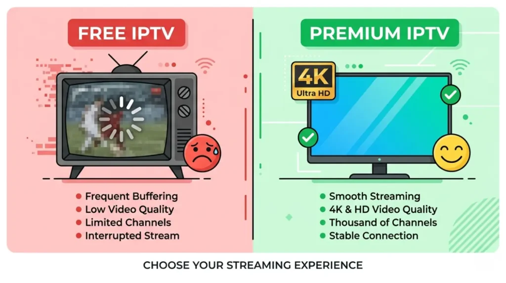 Kostenloses IPTV vs Premium IPTV Vergleich – Qualität und Stabilität