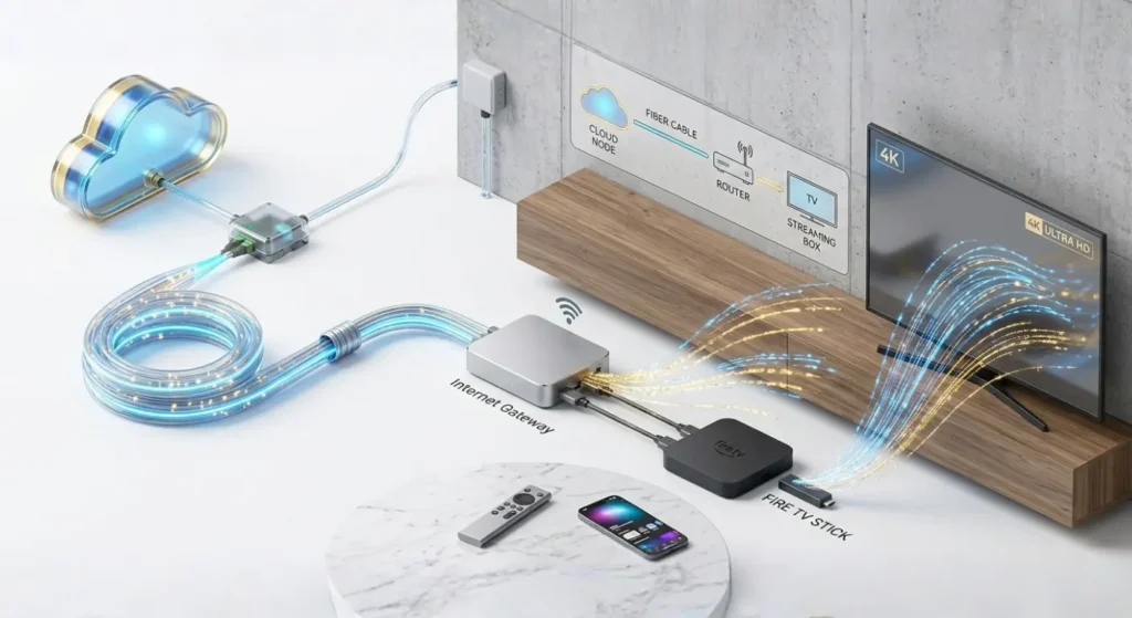 Eine isometrische 3D-Illustration, die zeigt, wie 4K-Daten von einem Server über Glasfaser und Router an einen IPTV 4k fähigen Fernseher fließen.