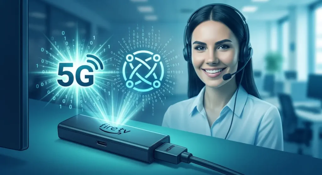 Eine konzeptionelle digitale Kunst-Illustration in Blau- und Tontönen, die leuchtende 5G- und Glasfaser-Verbindungssymbole über einem Amazon Fire TV Stick zeigt, mit einer unscharfen, freundlichen Support-Mitarbeiterin, die im Hintergrund lächelt.
