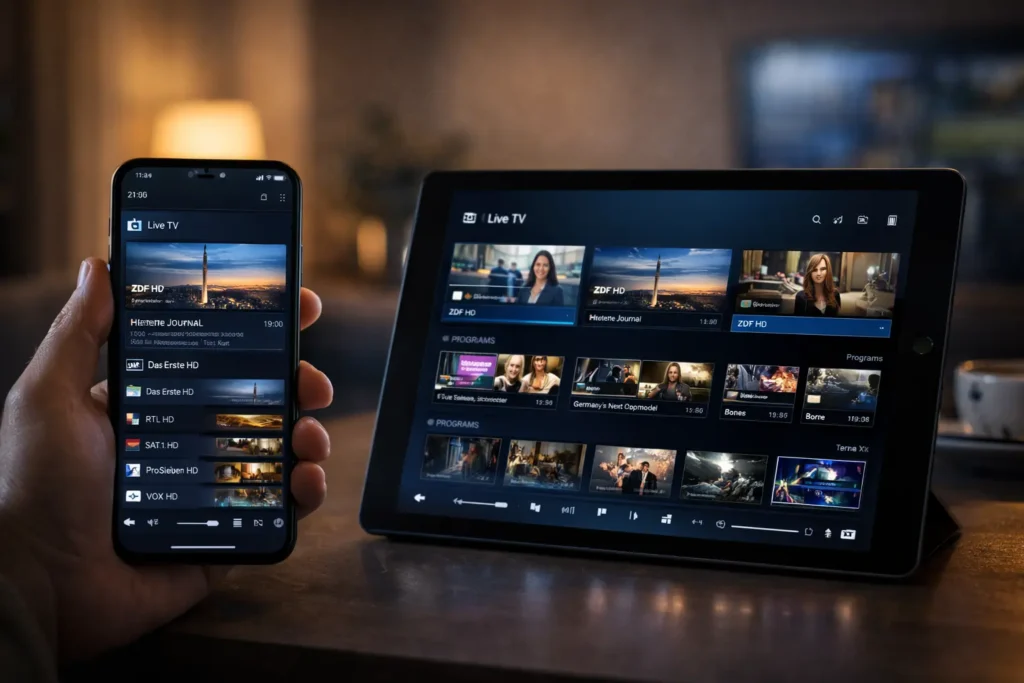 Ein Smartphone und ein Tablet zeigen eine TV-Streaming-App mit Live-Kanälen in einer gemütlichen Umgebung.
