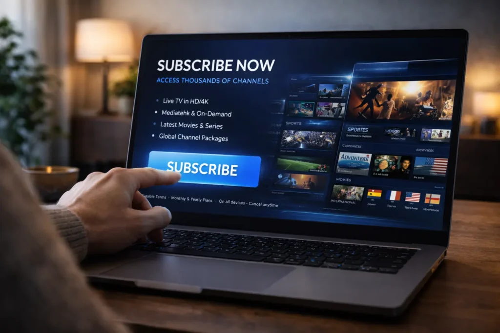 Eine Person klickt auf einem Laptop auf einen auffälligen „Abonnieren“-Button in einem digitalen Interface.