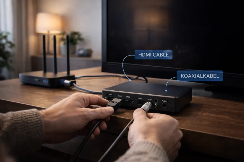 Eine Person schließt eine Set-Top-Box mit HDMI- und Koaxialkabel an einen Fernseher an.