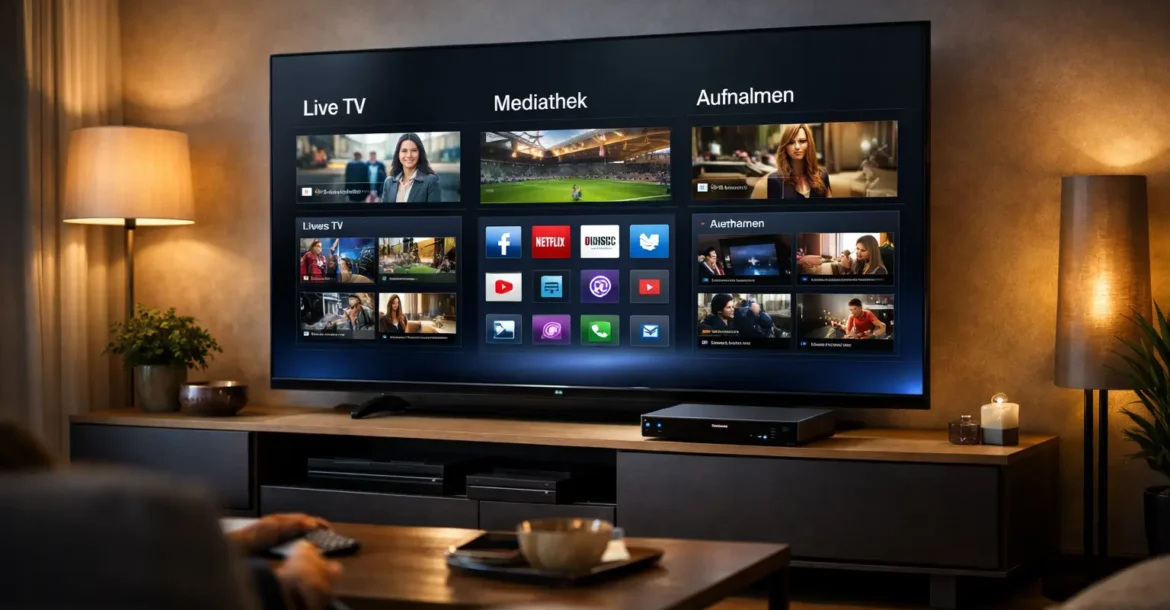 Ein modernes Wohnzimmer in Deutschland mit einem großen Smart-TV, der das Horizon IPTV Interface und Live-Sender zeigt.