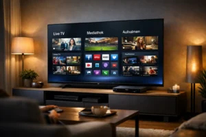 Ein modernes Wohnzimmer in Deutschland mit einem großen Smart-TV, der das Horizon IPTV Interface und Live-Sender zeigt.