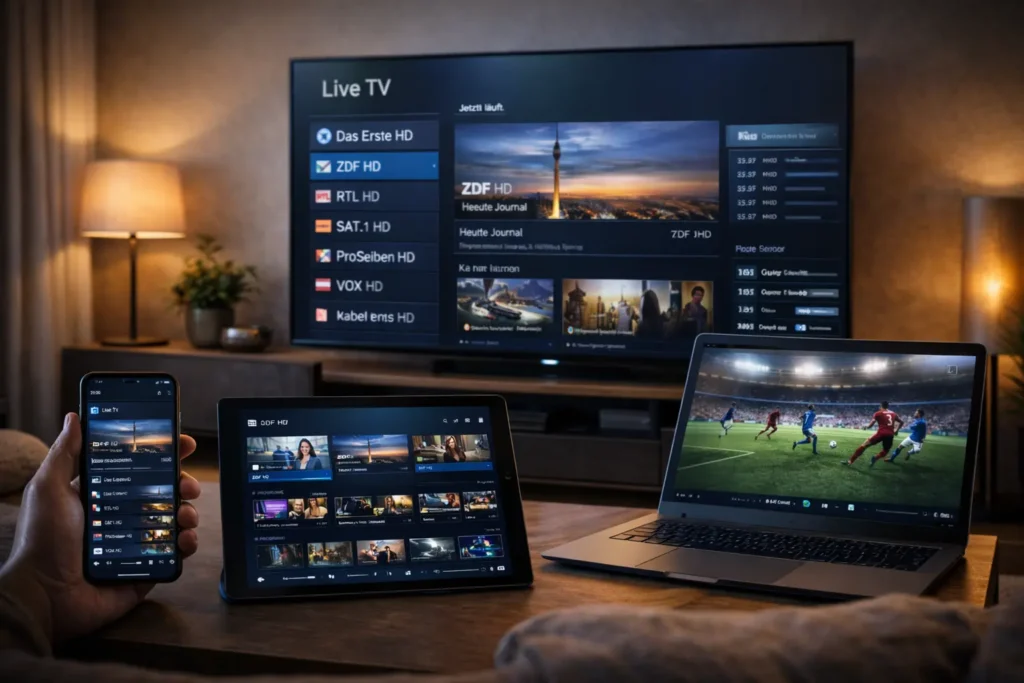 Gleichzeitige Darstellung von IPTV-Inhalten auf Smart-TV, Smartphone, Tablet und Laptop in einer Wohnung.