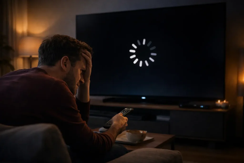 Eine frustrierte Person vor einem Fernseher, auf dem ein Lade-Icon (Buffering) zu sehen ist.