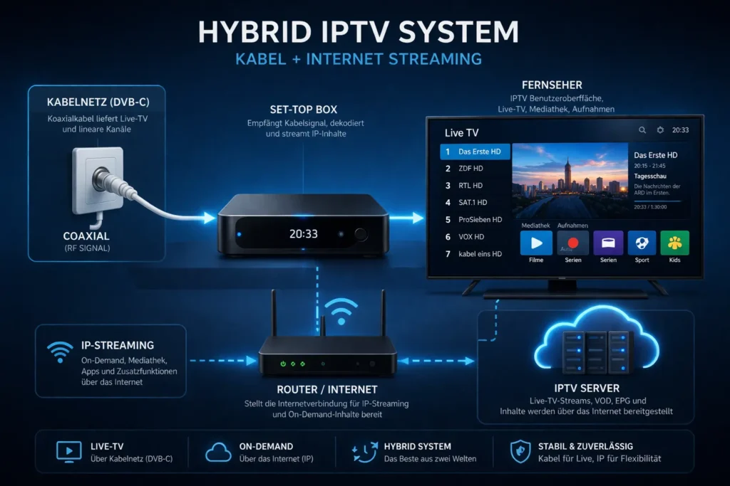Eine Infografik, die die Verbindung zwischen Kabelanschluss, Set-Top-Box, Router und Cloud-Servern zeigt.