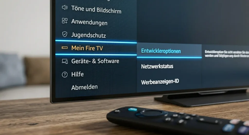 Eine gestochen scharfe Makroaufnahme eines TV-Bildschirms, die sich auf das Menü 'Mein Fire TV' auf Deutsch konzentriert. Es zeigt die hervorgehobenen Optionen 'Mein Fire TV' und 'Entwickleroptionen', mit einer Amazon Fire TV Fernbedienung im nahen Vordergrund.