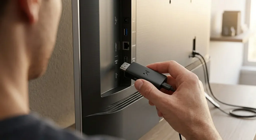 Nahaufnahme aus der Ich-Perspektive, wie ein IPTV Stick in den HDMI-Anschluss eines Fernsehers gesteckt wird.