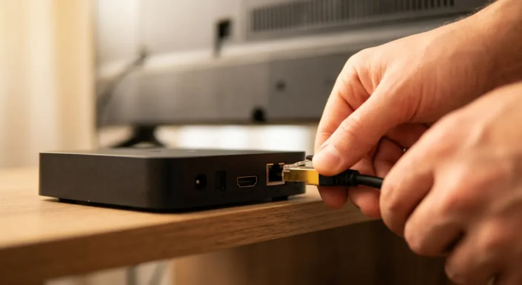 Nahaufnahme von Händen, die ein hochwertiges Ethernet-Kabel in einen Smart-TV stecken, um ruckelfreies IPTV 4k Streaming zu gewährleisten.