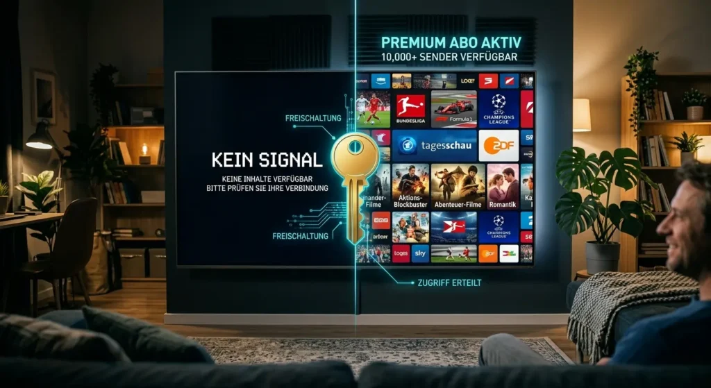 Ein dramatisches geteiltes Bild: Links ein dunkler TV-Bildschirm mit dem Text "Kein Signal" (No Signal), rechts der gleiche TV, der mit einer riesigen Bibliothek von 10.000+ Kanal-Thumbnails, Sport-Logos und Filmplakaten leuchtet. In der Mitte verbindet ein goldenes Schlüssel-Icon die beiden Seiten.