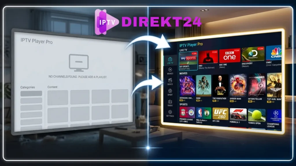 IPTV ohne Abo vs mit Abo Vergleich – leere App ohne Sender und volle IPTV Kanalliste mit Live TV