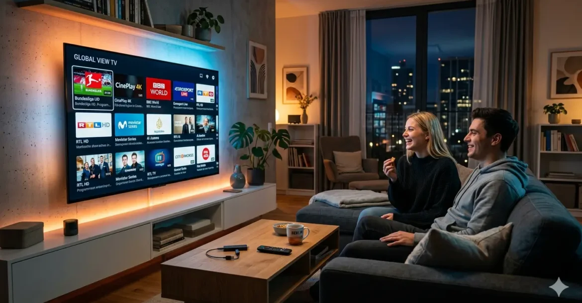 IPTV Abonnement auf Smart TV mit 4K Sendern und moderner Wohnzimmer Umgebung