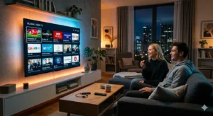 IPTV Abonnement auf Smart TV mit 4K Sendern und moderner Wohnzimmer Umgebung