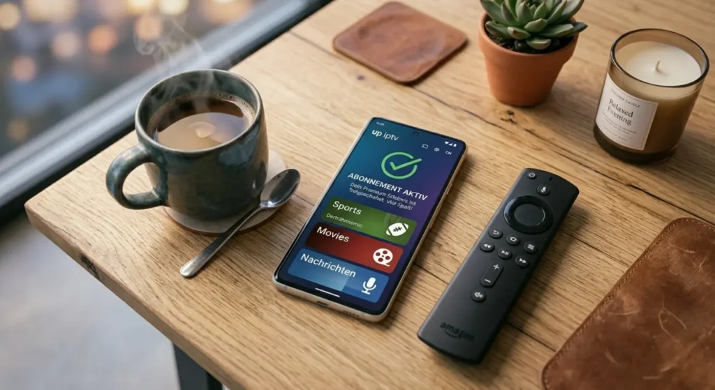 Ein Smartphone auf einem Holztisch zeigt "Abonnement Aktiv" neben einer Tasse Kaffee und einer Fernbedienung.